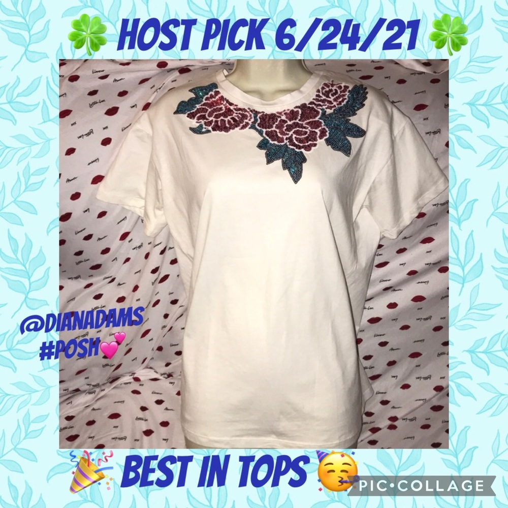 Zara Small white crew neck tee with sequin floral